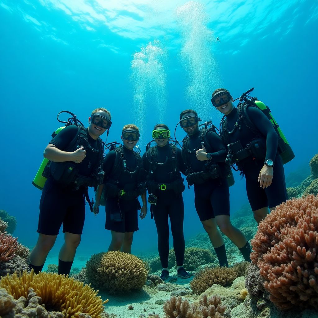 Diving team in front of coral reef