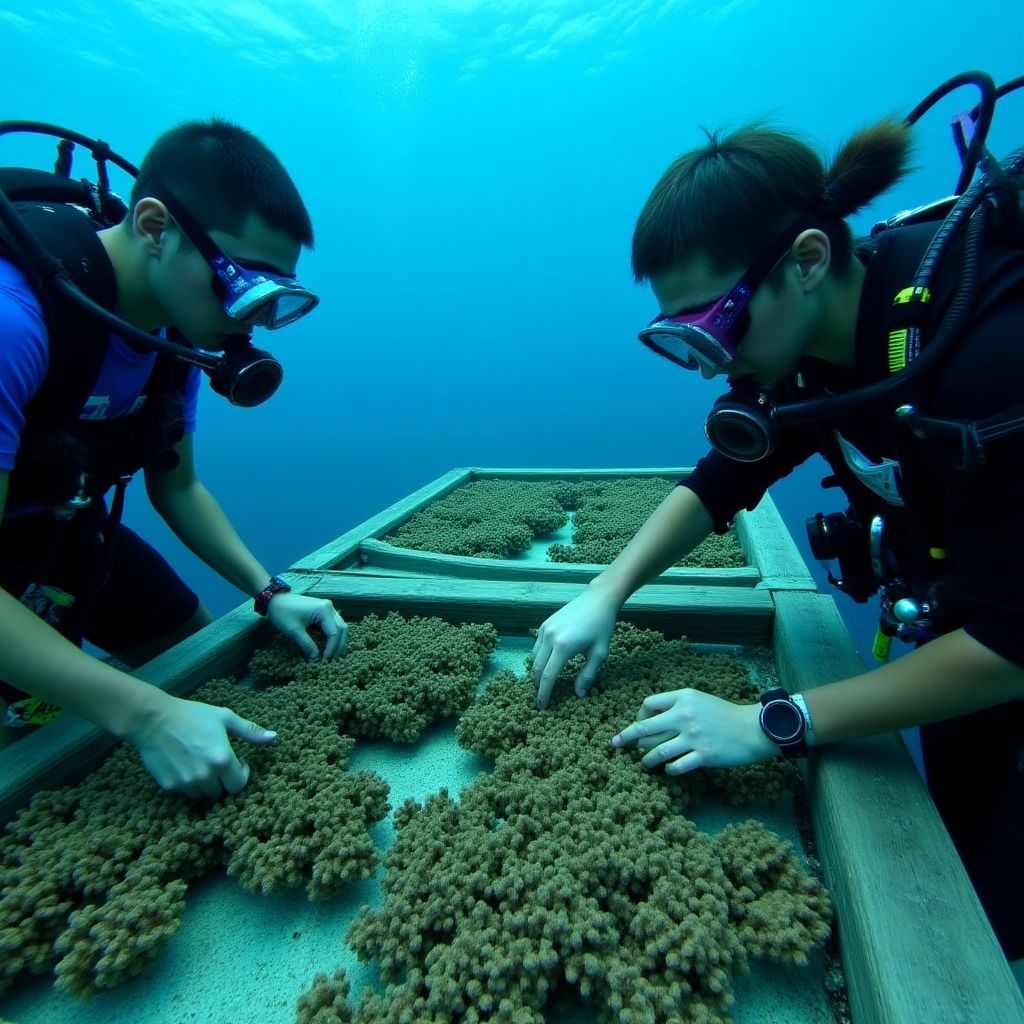 Divers working on coral restoration