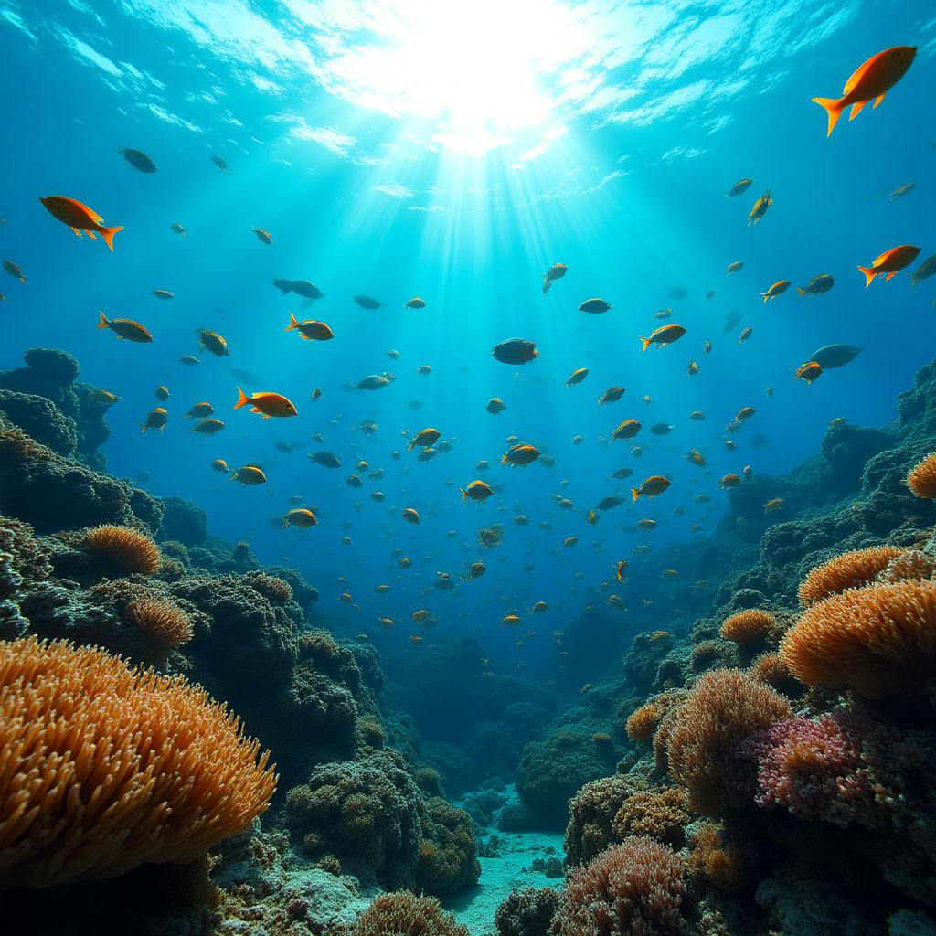 School of tropical fish swimming through coral