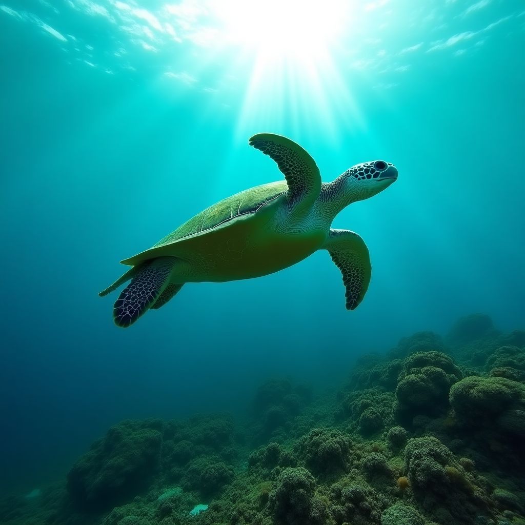 Sea turtle swimming gracefully over reef